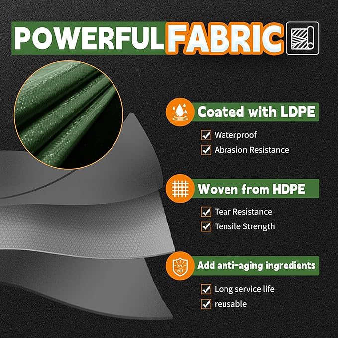 7x10 Feet Tarp Waterproof,9Mil Thick,Finished Size Tarps,UV Resistant,Durable,Multipurpose Poly Tarp Cover with Metal Grommets and Reinforced Edges,Green/Black by RAINDEWAY