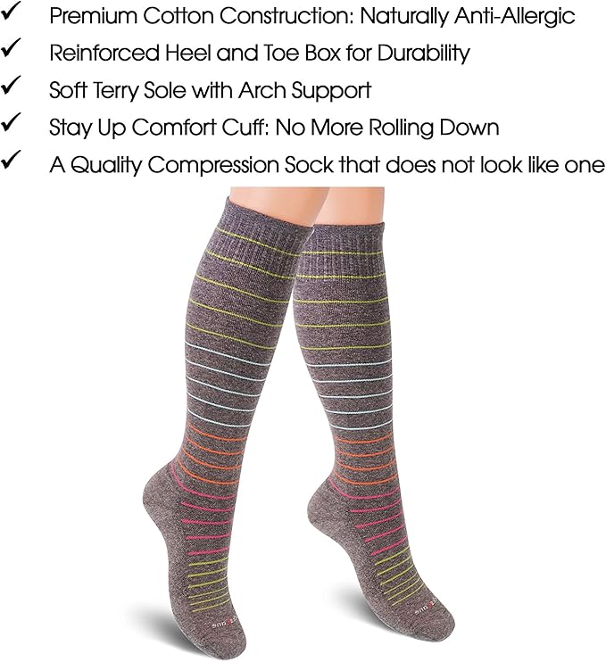 Cotton Compression Socks for Women & Men. 15-20 mmHg Support Knee-High Gray Stripes X/W
