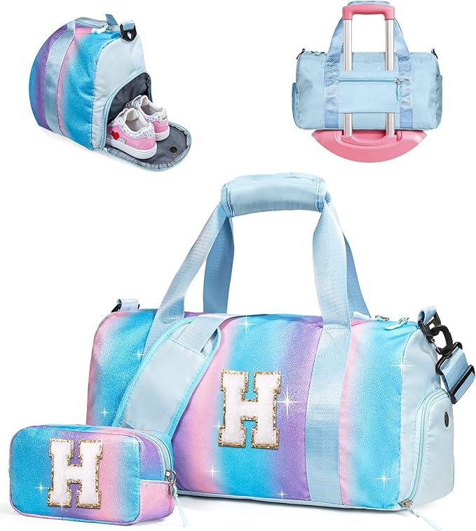Gifts for Daughter-Girl Gym Bag with Shoe Compartment, Kid Personalized Weekender Overnight Bags, Initial Travel Tote with Makeup Pouch, Gift for Granddaughter Sister Niece (Letter H)