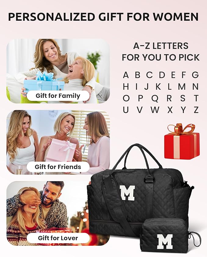 Gifts for Grandma-Initial Duffle Bag with Shoe Compartment, Personalized Weekender Bag, Monogram Overnight Bag, Letter Travel Bag with Makeup Bag，Daughter Friend Gifts (Letter P), Black