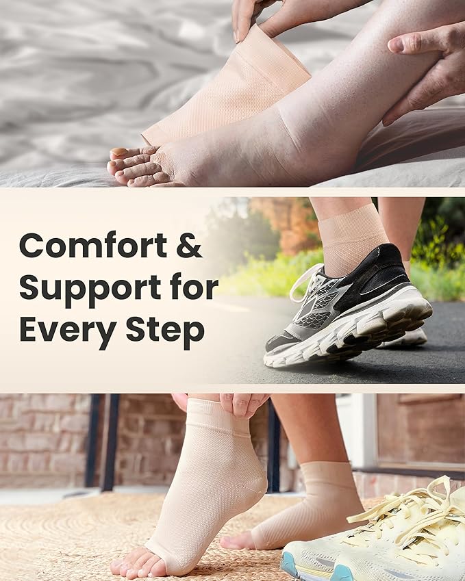 KEMFORD Ankle Compression Sleeve - 2-Pack, Plantar Fasciitis Braces - Open Toe Compression Socks for Swelling, Sprain, Neuropathy, Foot Arch Support for Men and Women - 20-30mmhg, M, Beige