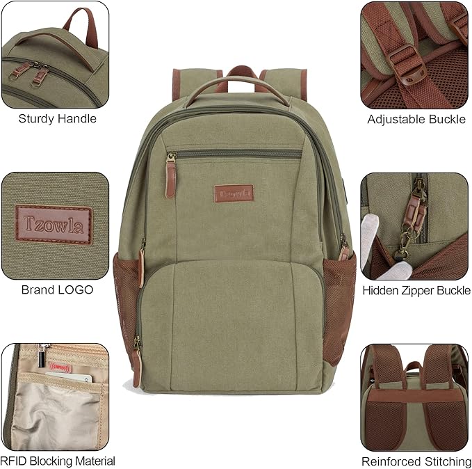 Tzowla Canvas Laptop College Backpack for Men and Women,Travel Work Vintage Rucksack with USB/Type-C Charging Port,Lightweight Hiking Casual Daypack Backpacks fit 15.6 inch Notebook,Green