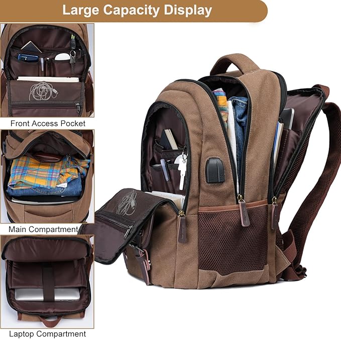 Mactso Canvas Travel Laptop Backpack for Men Women, Business Work Rucksack College Computer Bag Fits 17.3 Inch Notebook,Bookbag with USB Charging Port (Coffee, 17.3 Inch)