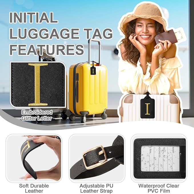 Personalized Initial Luggage Tags for Suitcase TSA Approved, Black Leather Cute Luggage Tag with Privacy Cover Name Card, Embroidered Custom Luggage Tags Travel Backpack Tags Gifts for Women Kids(I)