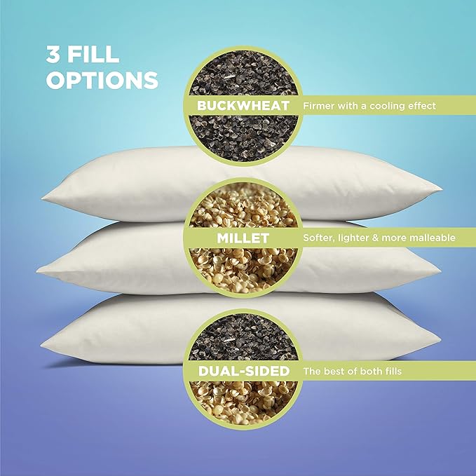 Bean Products 20" x 26" Standard Bed Pillow for Sleeping – Organic Millet Fill with Organic Cotton Fabric, Soft Head Pillow – Eco-Friendly, Breathable, and Durable Sleep Aid, Made in The USA