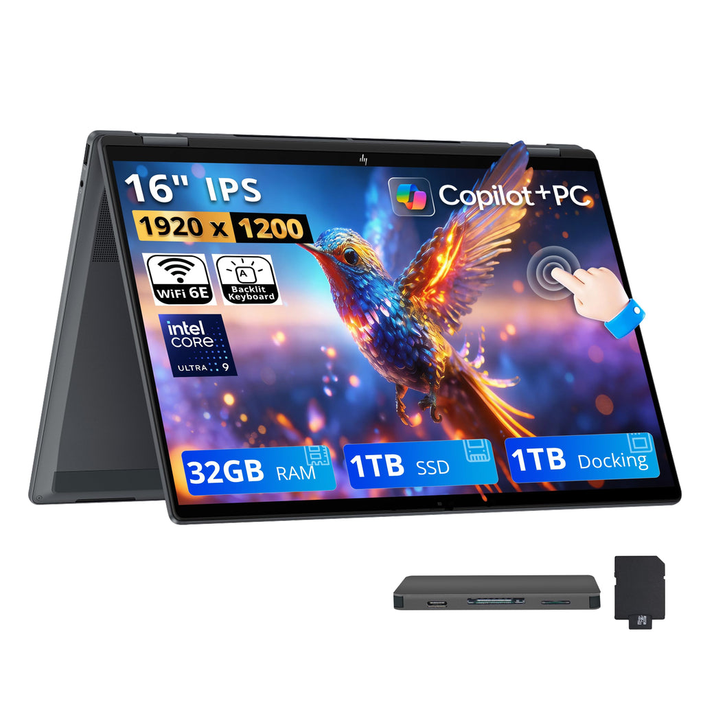 HP OmniBook X Flip 2-in-1 16" 2K Copilot+ PC Touch Laptop, Intel Core Ultra 9 288V, 32GB LPDDR5X, 2TB Storage (1TB SSD+1TB Docking Station), Intel Arc 140V GPU, Backlit Keyboard, Win 11, Gray