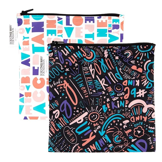 Bumkins Reusable Sandwich and Snack Bags, for Kids School Lunch and for Adults Portion, Washable Fabric, Waterproof Cloth Zip Bag, Travel Pouch, Food-Safe Storage, Large 2-pk Born This Way Kindness