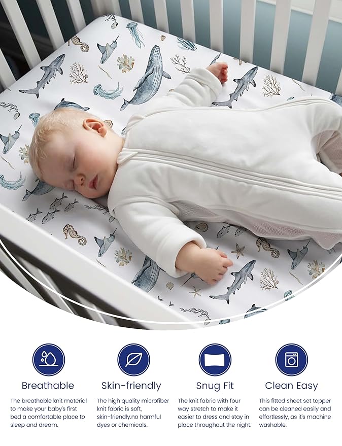 TotAha Premium Soft Pack n Play Sheets, Super Stretchy Jersey Knit Mini Crib Sheets Fitted, Silky Comfort Pack and Play Mattress Sheets, 2 Pack (Sea Animal)