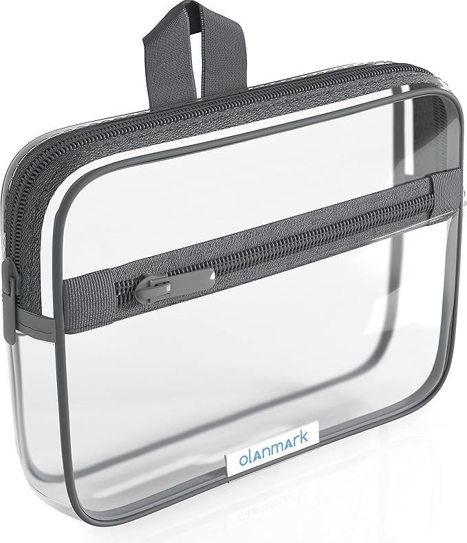 TSA Approved Toiletry Bag with Pocket - 311 Small Quart Size Cosmetic Case for Airport Liquids - Clear Makeup Pouch Transparent Plastic Zipper Organizer - PVC Travel Bags Grey