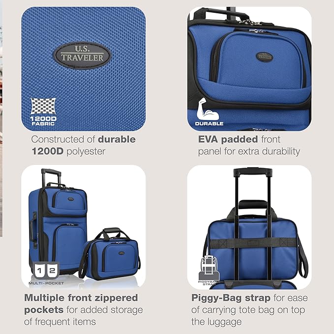 U.S. Traveler Rio Softside Expandable Carry-on Rolling Luggage, Royal Blue, 2 Wheel Set