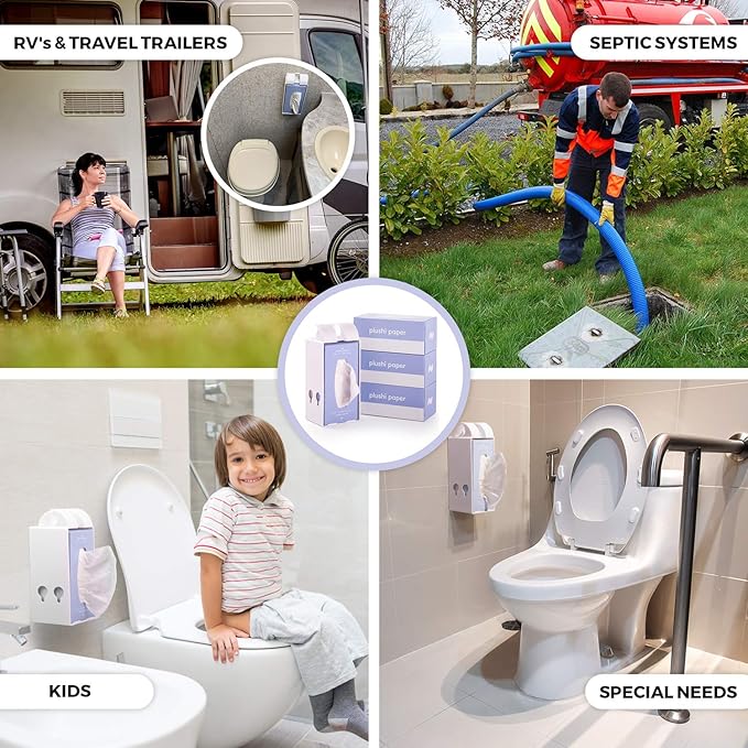 Toilet Paper Holder + 4 Boxes 320 Wipes Septic Safe Tube Free 4 Ply Soft RV Essential and Mom Approved for Travel Trailers Campers Marine Biodegradable Set Includes Self Adhesive