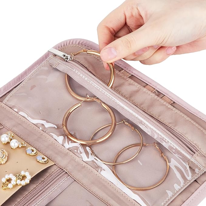 BELALIFE Travel Jewelry Case Organizer, Foldable Storage Roll for Earrings, Necklaces, Rings, Bracelets, Brooches, Pink