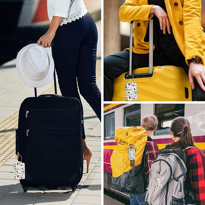 2 Pack Luggage Tag for Suitcase,Lovely Floral PU Leather Suitcase Tags Identifiers with Privacy Name Address Labels and Durable Steel Loop for Women Men Travel