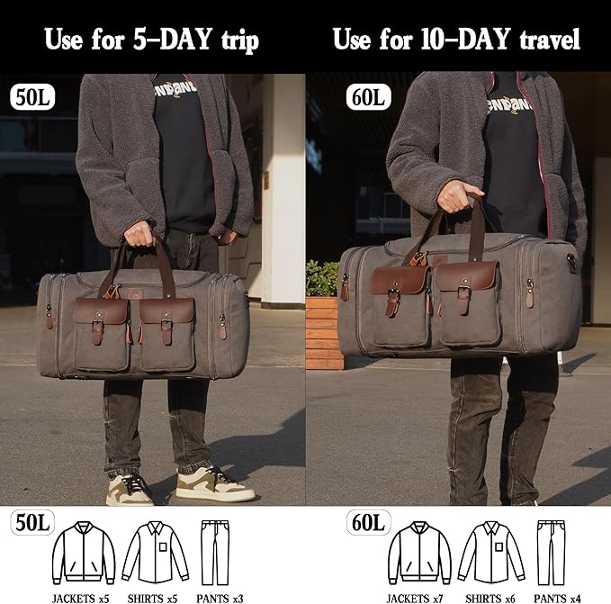 Canvas Duffle Bag for Men 50L Travel Duffel Bags Expandable Genuine Leather Duffel Overnight Weekender Carry On Bag Two Zipper Pockets Travel Bag (Grey, Large-50L)