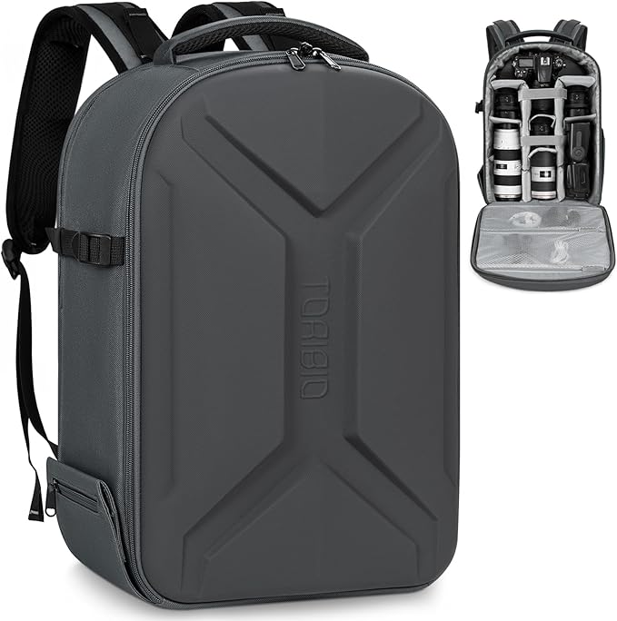 TORIBIO Camera Backpack, Hardshell DSLR Photography Camera Bag, Waterproof Hard Shell Camera Case with Tripod Holder & 15.6" Laptop Compartment Compatible with Canon/Nikon/Sony/DJI Mavic Drone