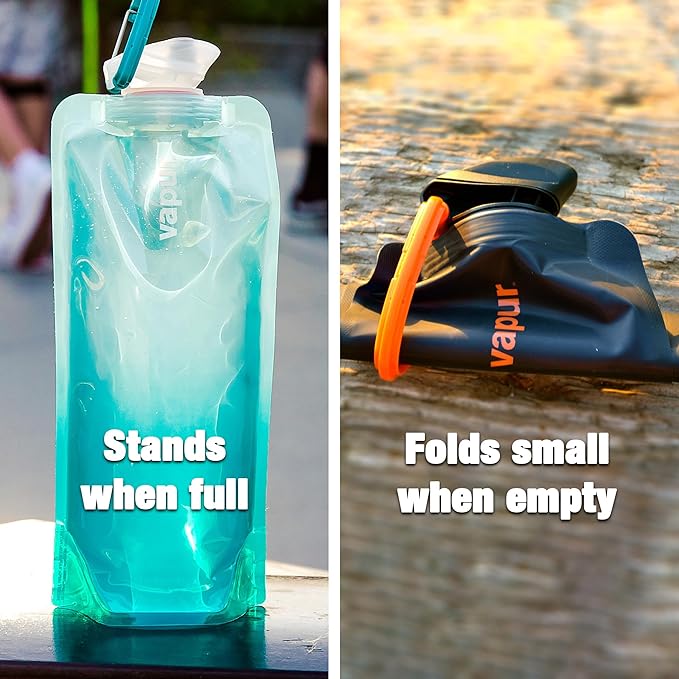Vapur Collapsible Water Bottle With Carabiner, Compact Bottle Folds Flat For Hydration On The Go, Ideal for Traveling, Hiking or Camping, 16 Ounce, Cyan Blue, Pack of 1