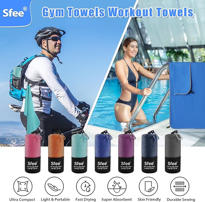 Sfee 2 Pack Microfiber Travel Towel, Quick Dry Towel Camping Towel Super Absorbent Compact Lightweight Sports Swim Gym Beach Towels Set for Gym, Hiking, Pool, Backpacking, Bath, Yoga