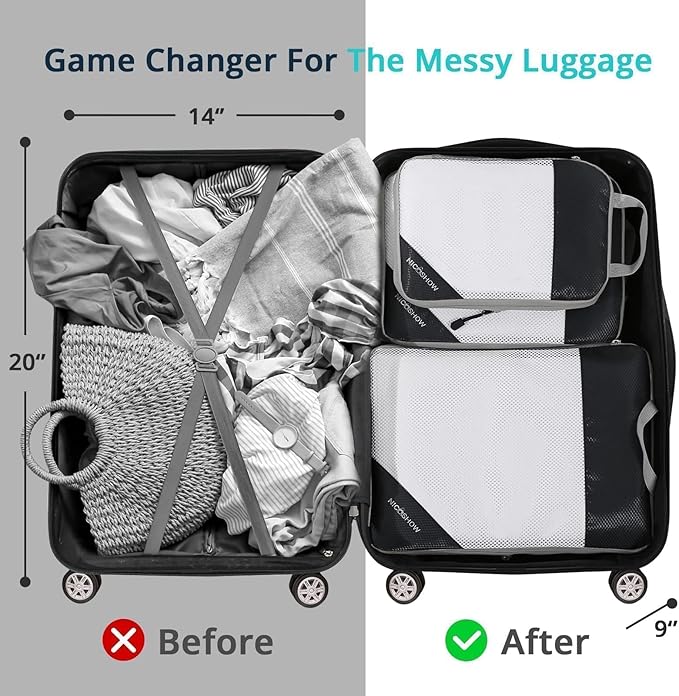 6 Set Compression Packing Cubes for Travel - Compressible, Lightweight, and Space-Saving Packing Cubes, Travel Essentials for Women, Black