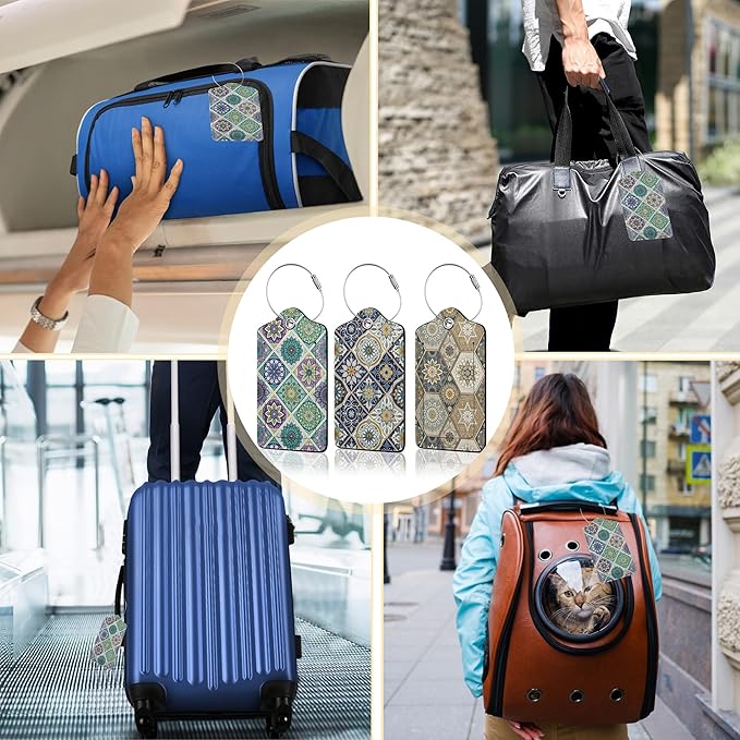 Vintage Mandala Floral Luggage Tag for Suitcase,Design with Privacy Flap Name ID Label Metal Loop, 3 Pack