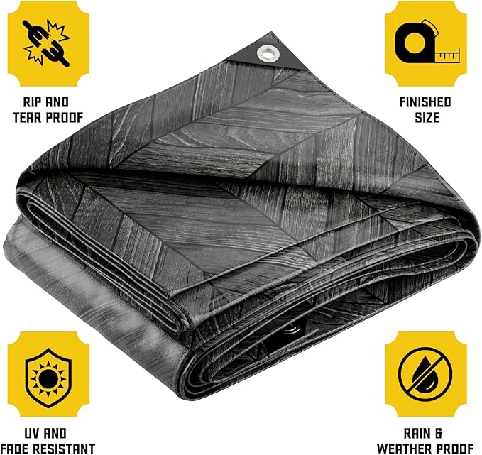 Core Tarps Extreme Heavy Duty 20 Mil Tarp Cover, Waterproof, UV Resistant, Rip and Tear Proof, Poly Tarpaulin with Reinforced Edges for Roof, Camping, Patio, Pool, Boat (Grey Wood/Black 9′ X 12′)