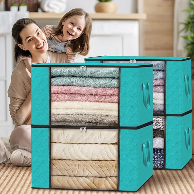 Fab totes 4 Pack Clothes Storage, Foldable Thick Fabric Blanket Storage Bags, Containers for Organizing Bedroom, Closet, Clothing, Comforter,Closet Organization with Handle,Green