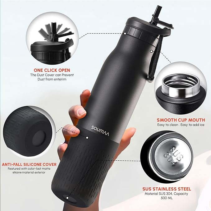 Insulated Stainless Steel Water Bottles with Straw, Wall Vacuum Insulated Water Bottle with Straw for Gym Traveling Camping Hiking Outdoor Activity(2 Cleaning Brushes+1 Carabiner, 26 oz Black)