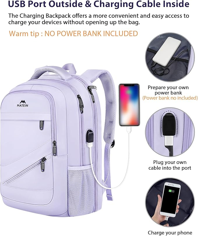 MATEIN College School Backpack for Women, 17 Inch Large College Laptop Bookbag TSA Approved, Anti Theft Multiple Pockets Computer Carry On for Work Travel, Light Purple