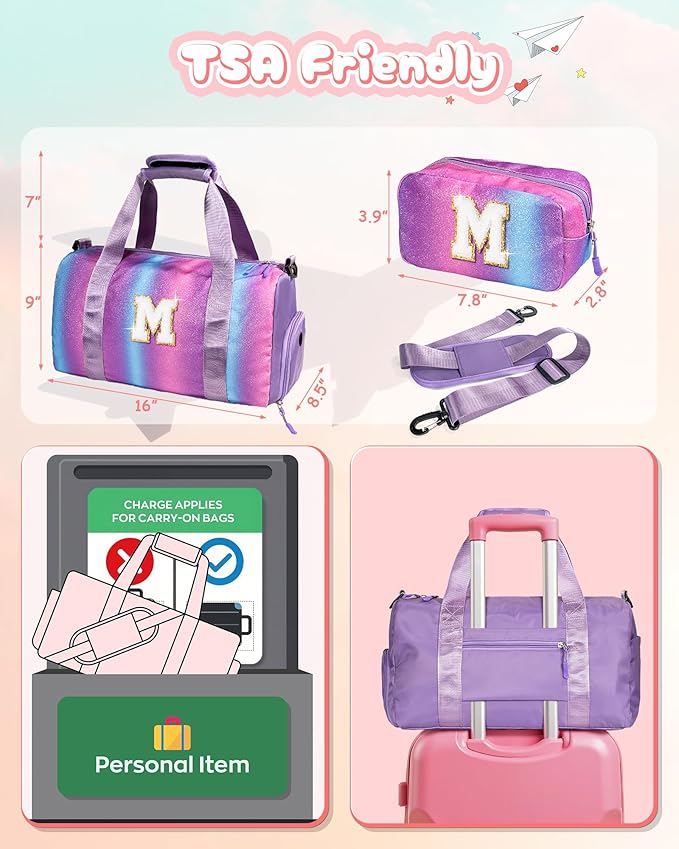 Granddaughter Gift from Grandmom-Girl Gym Bag with Shoe Compartment, Kid Personalized Weekender Ballet Bags, Initial Travel Tote with Makeup Pouch, Easter Gifts for Teen (Letter C)