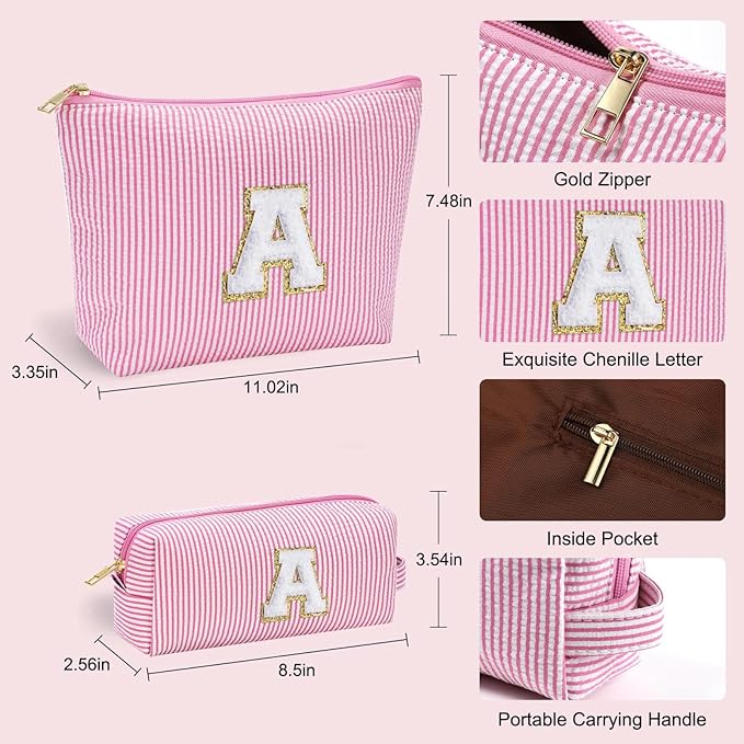 YOOLIFE Initial Makeup Bag for Girls, Travel Cosmetic Bag with Small Makeup Brush Bag Cute Makeup Bag Toiletry Travel Bag Personalized Wife Friend Gifts Makeup Birthday Gifts for Women Her Pink R