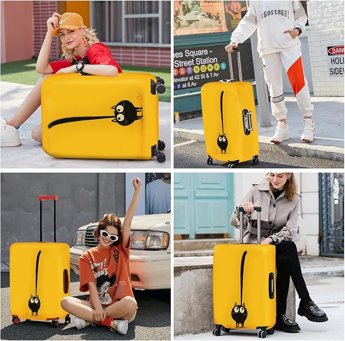 ANNA QUEEN Cute Black Cat Luggage Cover, Whimsical Cat Design with Long Tail, Stretchable, Washable Travel Protector for 32-34 Inch Luggage