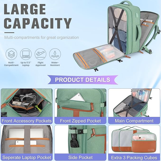 42L Travel Laptop Backpack, Expandable Carry-on Luggage, Anti-Theft Business Weekender Bag with USB Port, 3 Packing Cubes & Shoe Bag (Green)