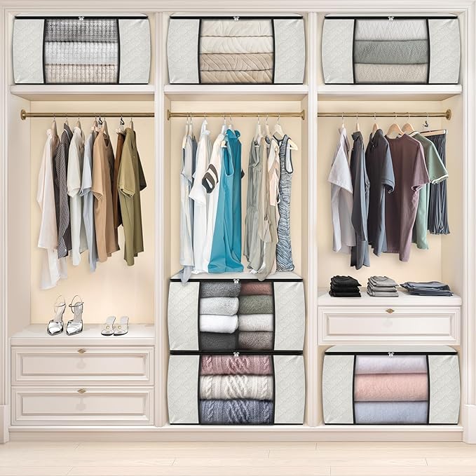Fab totes 24 Gallons Clothes Storage, Foldable Thick Fabric Blanket Storage Bags, Containers for Organizing Bedroom, Closet, Clothing, Comforter, Organization with Handle (6 Pack,Ivory)