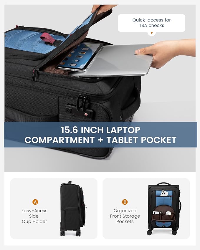 Carry On Luggage 22x14x9 Airline Approved, 22-Inch Suitcases with Spinner Wheels, Softside Carry-on Luggage with TSA Lock for Men Women Business Trip, Lightweight Large Capacity Luggage for Travel