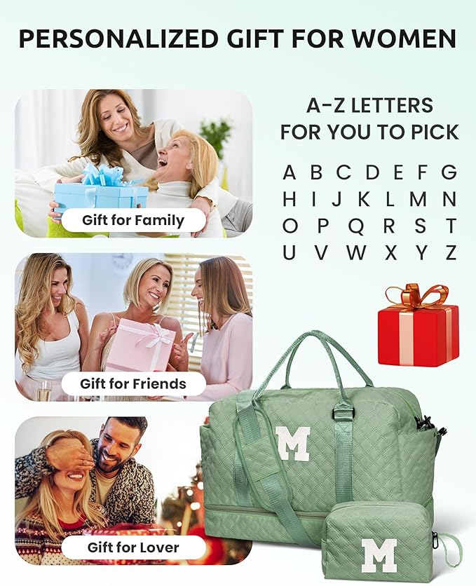 Personalized Travel Gifts for Women-Initial Travel Bag with Shoe Compartment, Personalized Weekender Bag, Monogram Overnight Bag for Women, Letter Travel Bag with Makeup Bag (Letter S)