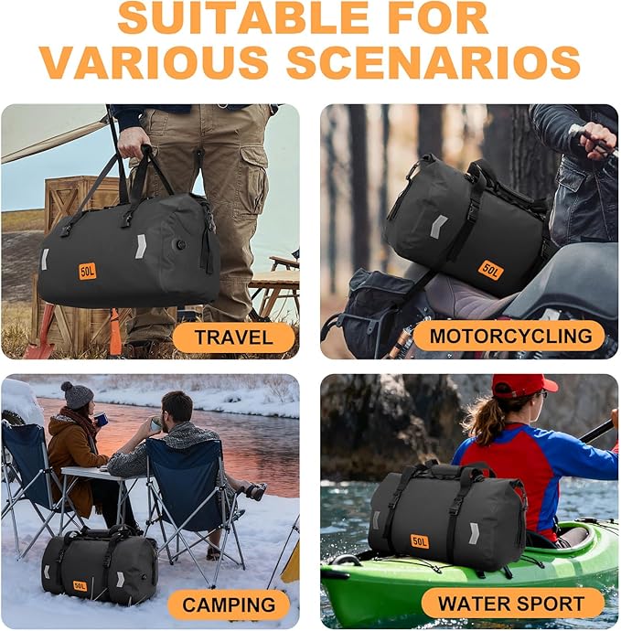 Waterproof Duffel Bag, 50L Roll-top Motorcycle Dry Bag with Air Valve & Quick-fixed Straps, Travel Duffle Bags for Kayaking Paddle Boarding Rafting Boating Camping Riding Fishing - Black