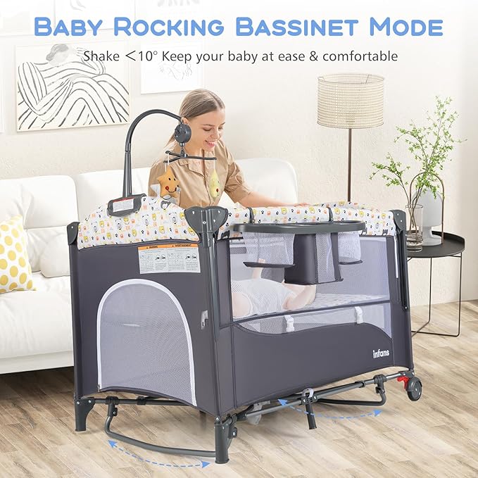 INFANS Pack and Play, 5 in 1 Baby Bedside Sleeper with Bassinet, Diaper Changer, Mattress, Carry Bag, Music Box Hanging Toys, Foldable Bedside Crib, Portable Playard for Newborn Toddlers (Bear)