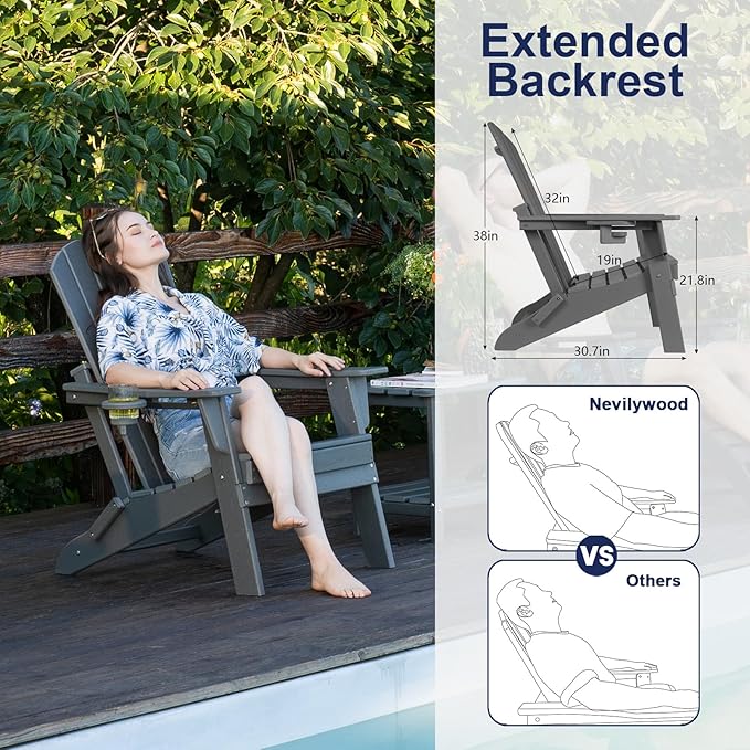 Folding Adirondack Chair - Extended Ergonomic Backrest, Cup Holder - Easy Assembly - Durable HDPE Plastic, Weather Resistant & Maintenance-Free - Lawn, Patio, Deck Supports 400lbs Teak
