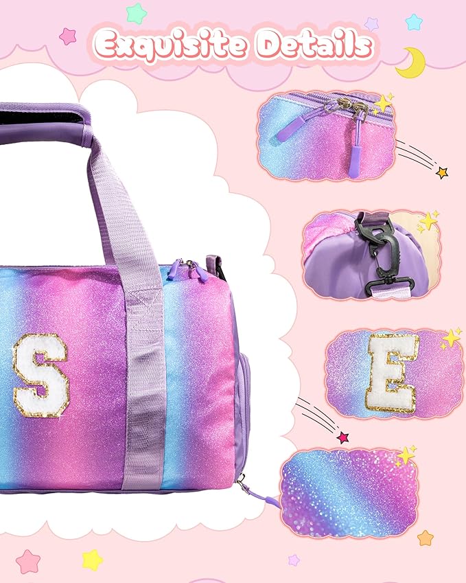 Granddaughter Gift from Grandmom-Girl Gym Bag with Shoe Compartment, Kid Personalized Weekender Ballet Bags, Initial Travel Tote with Makeup Pouch, Easter Gifts for Teen (Letter C)