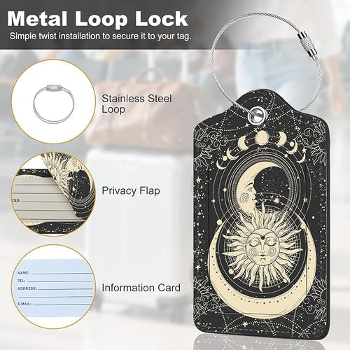 2Pack Luggage Tags for Suitcases, Cute Unique Pu Leather Cruise Luggage Tag with Privacy Cover ID Label Address Card and Metal Ring Suitable for Women Men Kids Travel Bag Sun and Moon Face