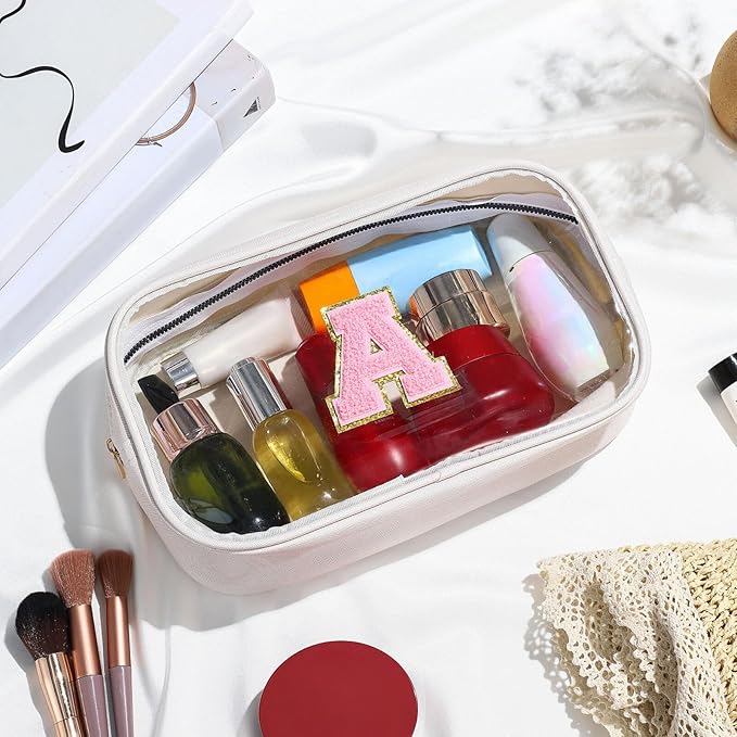 YOOLIFE Initial Make Up Bag Travel Toiletry Bag, Clear Makeup Bag Preppy Cosmetic Bags Organizer Travel Essentials Gifts for Women Teen Girlfriend Teacher Mom Birthday Mothers Day Gifts White E