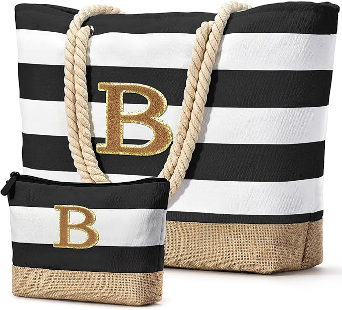 Becokan Beach Bag Initial Beach Tote with Makeup Bag for Travel Work Storage Personalized Birthday Gifts for Women Her