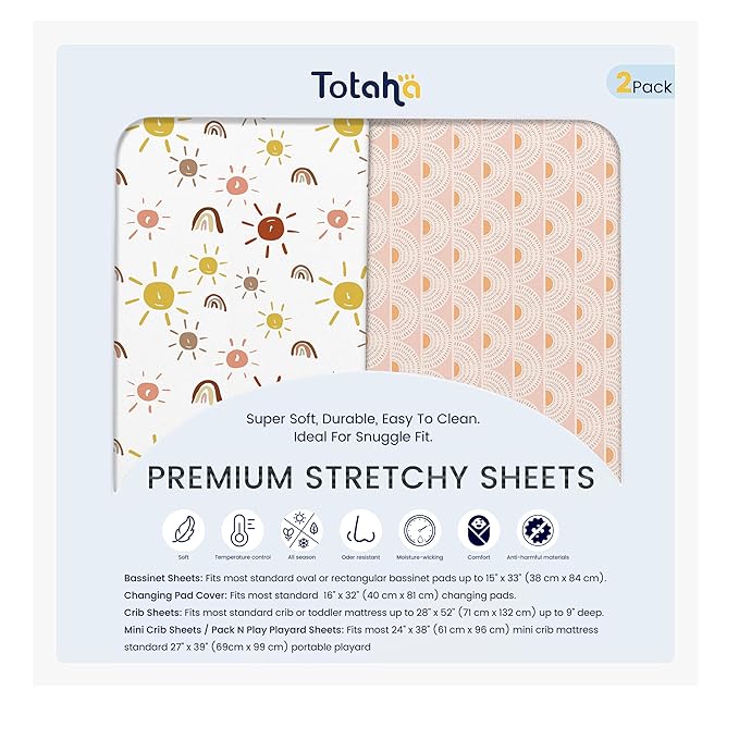 TotAha Mini Crib Sheets Boho Rainbow, Hypoallergenic Pack N Play Mattress Sheets, Buttery Soft Pack and Play Fitted Sheets 24x38x5, 2 Pack