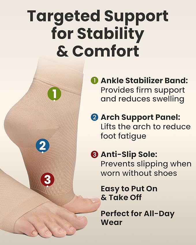 KEMFORD Ankle Compression Sleeve - Plantar Fasciitis Braces - Open Toe Compression Socks for Swelling, Sprain, Neuropathy, Foot Arch Support for Men and Women - 20-30mmhg, XL, Beige