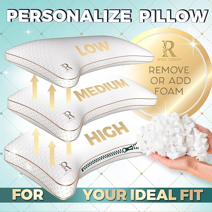 Royal Therapy Queen Memory Foam Pillows 2-Pack - Shredded Memory Foam Pillow for All Sleep Positions - Medium Firm Pillow with Adjustable, Bamboo Rayon Cover, CertiPUR-US, Oeko-TEX Certified
