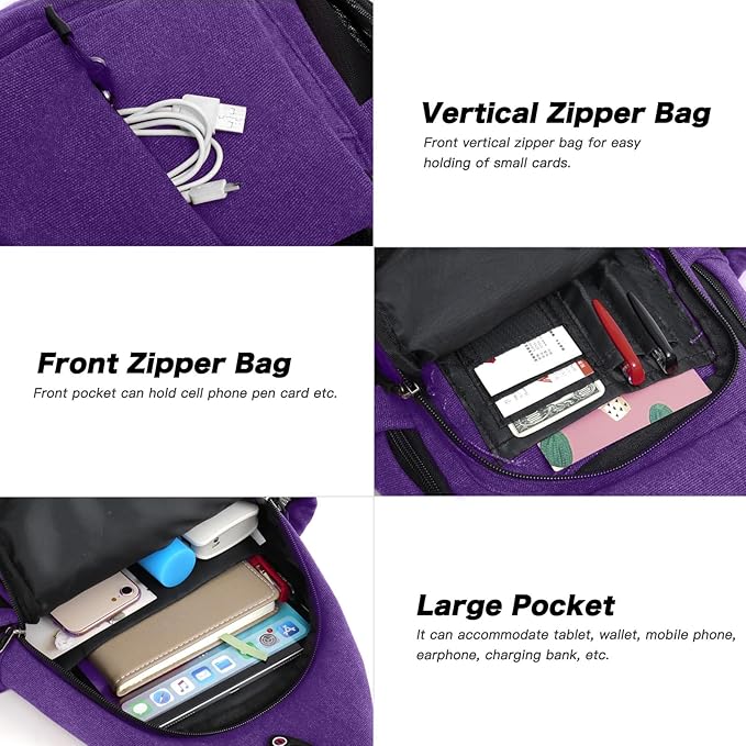 MOSISO Sling Backpack,Canvas Crossbody Hiking Daypack Bag with Anti-theft Pocket, Purple
