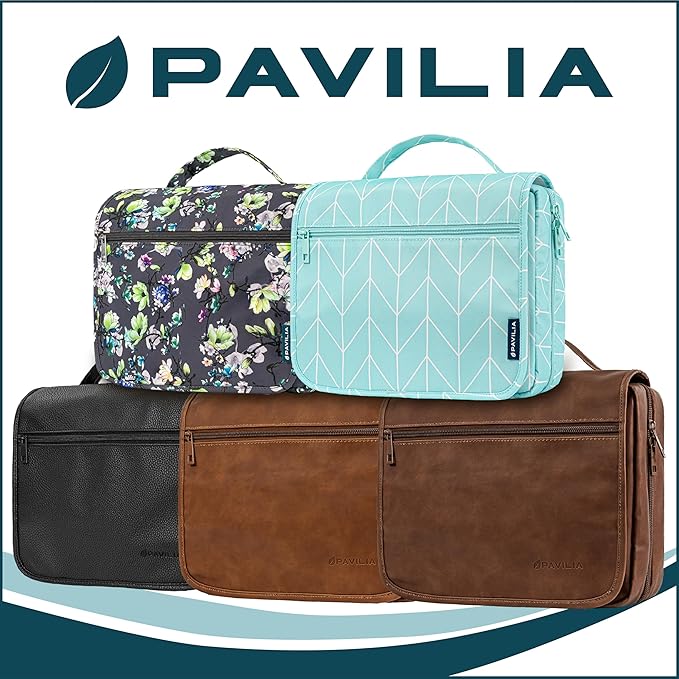 PAVILIA Hanging Toiletry Bag Women Men, Foldable Cosmetic Organizer Travel Bag, Water Resistant Makeup Bag Toiletries, Large Travel Essentials Kit (Brown)