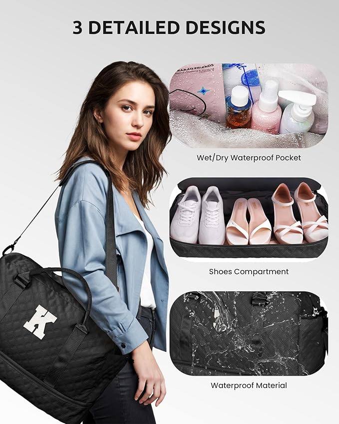 Gifts for Grandma-Initial Duffle Bag with Shoe Compartment, Personalized Weekender Bag, Monogram Overnight Bag, Letter Travel Bag with Makeup Bag，Daughter Friend Gifts (Letter P), Black
