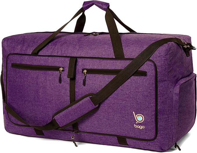 Bago Large Foldable Duffel Bags for Traveling Women & Men - 80L Packable Duffle Bag for Travel with Shoe Compartment - Water Repellant, Heavy Duty, Lightweight Folding & Collapsible (SnowDepPurple)