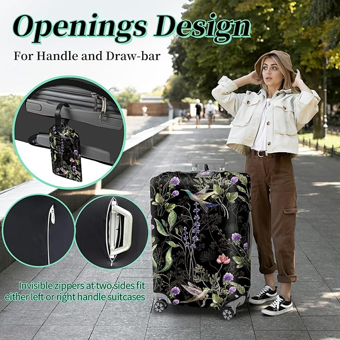 Luggage Cover Suitcase Protector + Luggage Tag, Wild Flowers Hummingbird Travel Suitcase Cover for 18-20 inch Luggage (S) with Concealed Zipper Washable Elastic Cloth Dustproof Anti-Scratch