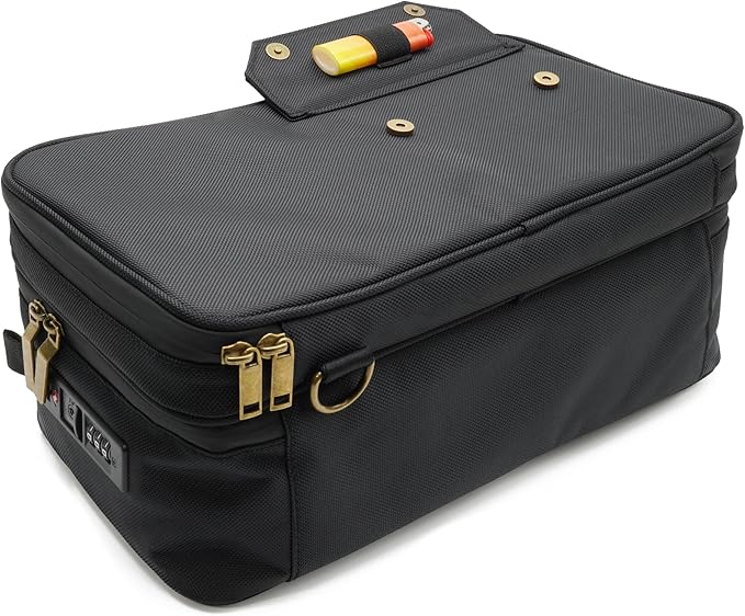 Large Storage Case with TSA Combination Lock Bag, Portable Carbon Lined, XL Medicine Lockable Box for Travel & Home Secured Box Organizer Divider Jars Accessories, Removable Tray (Black)